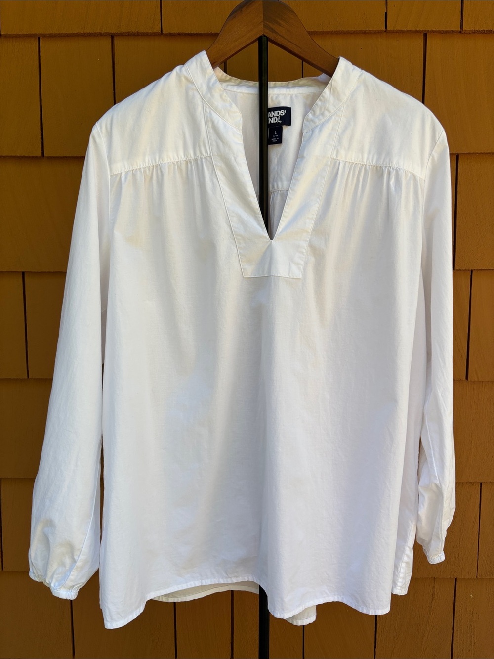 LAND'S END | White Poplin Preppy Coastal Grandma Peasant Popover Top | Size L